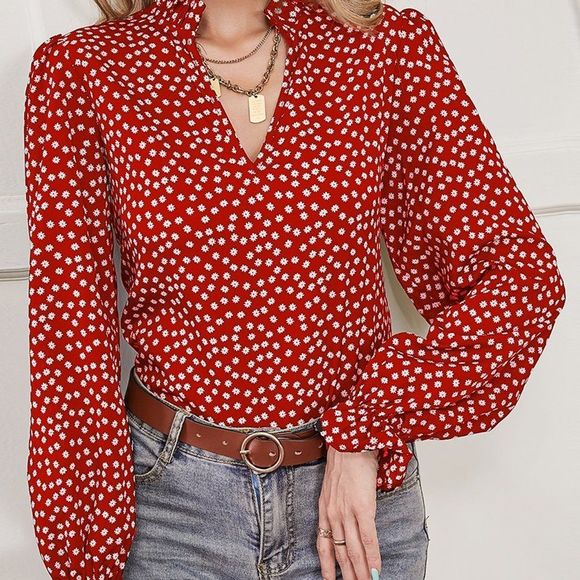 New Ditsy Floral Print Notch Neck Flounce Sleeve Blouse Red and White - Picture 3 of 5
